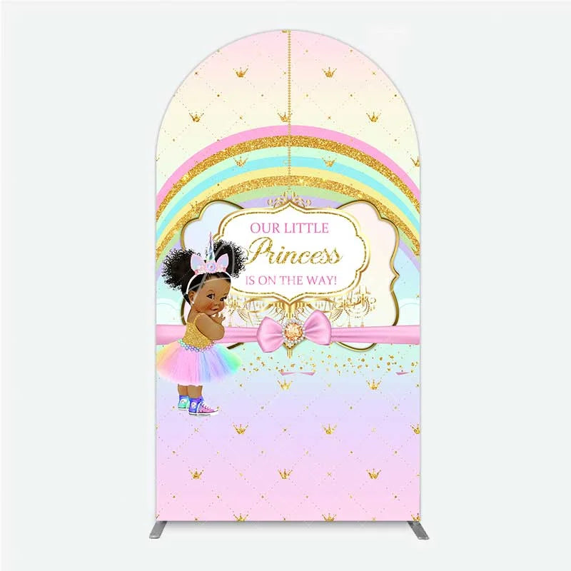 Aperturee - Aperturee Our Little Princess Baby Shower Arch Backdrop Rainbow and Gold Crowns Pink Background African American Girl Party