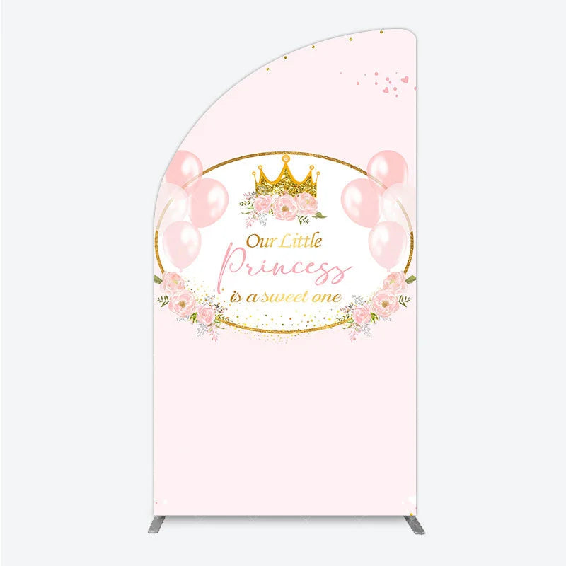 Aperturee - Aperturee Our Little Princess Baby Shower Half Moon Arch Backdrop Pink and Gold Royal Crown with Balloons Girl Party Photo
