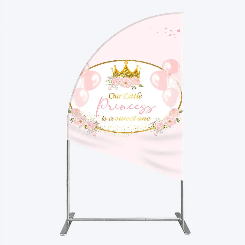 Aperturee - Aperturee Our Little Princess Baby Shower Half Moon Arch Backdrop Pink and Gold Royal Crown with Balloons Girl Party Photo