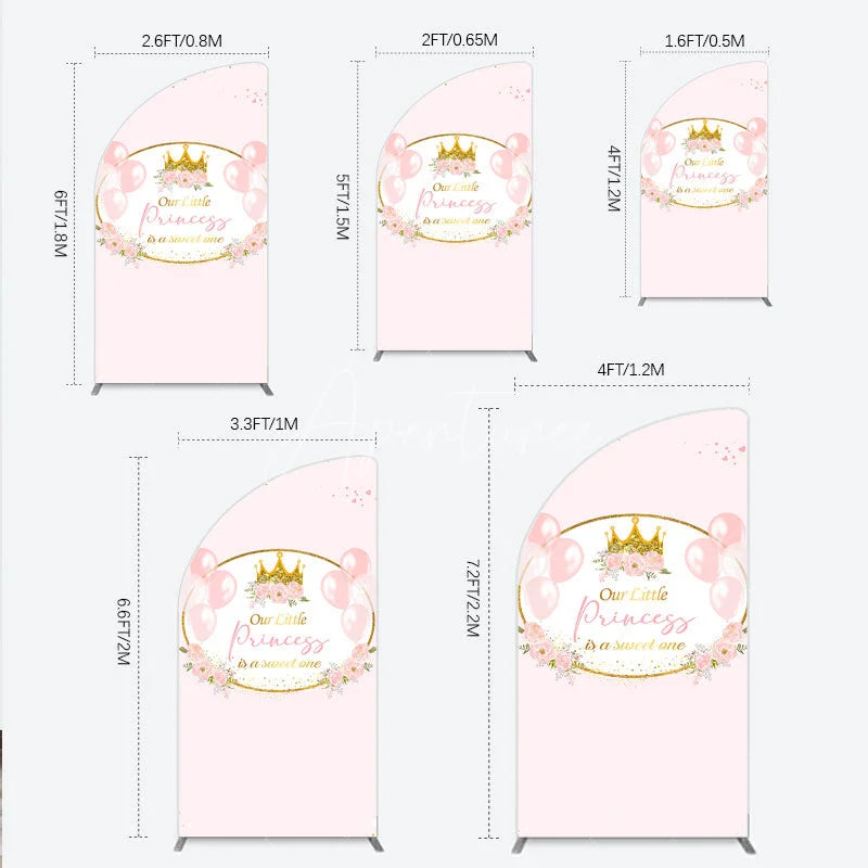 Aperturee - Aperturee Our Little Princess Baby Shower Half Moon Arch Backdrop Pink and Gold Royal Crown with Balloons Girl Party Photo