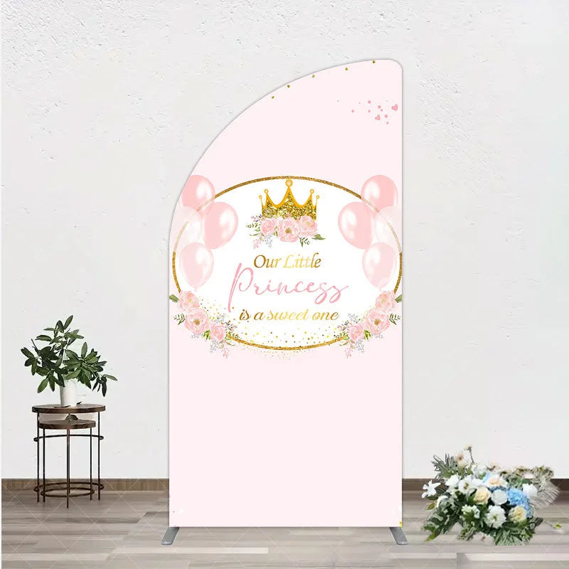 Aperturee - Aperturee Our Little Princess Baby Shower Half Moon Arch Backdrop Pink and Gold Royal Crown with Balloons Girl Party Photo