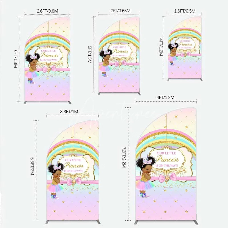 Aperturee - Aperturee Our Little Princess Baby Shower Half Moon Arch Backdrop Rainbow and Gold Crowns Pink Background African American Girl