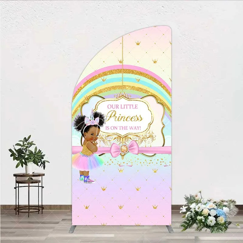 Aperturee - Aperturee Our Little Princess Baby Shower Half Moon Arch Backdrop Rainbow and Gold Crowns Pink Background African American Girl