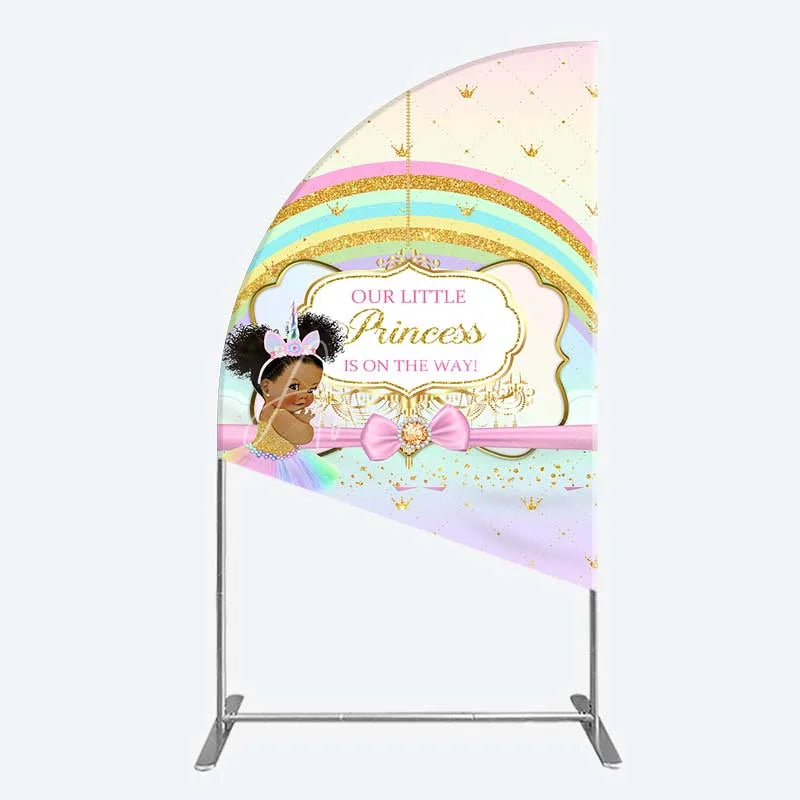 Aperturee - Aperturee Our Little Princess Baby Shower Half Moon Arch Backdrop Rainbow and Gold Crowns Pink Background African American Girl