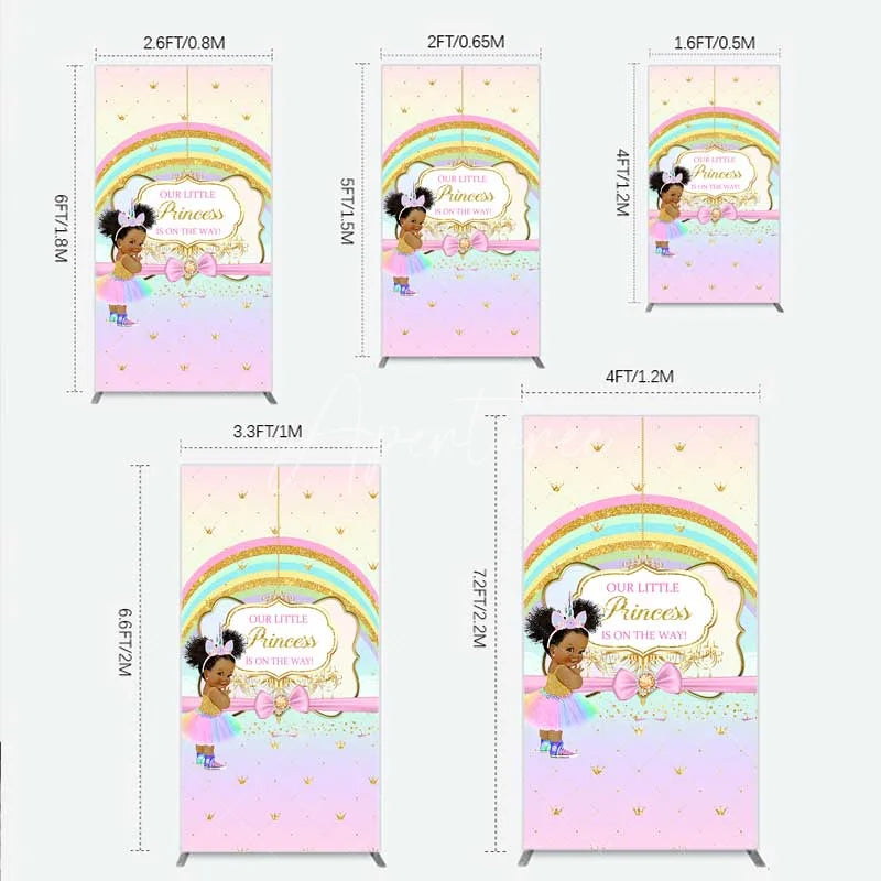 Aperturee - Aperturee Our Little Princess Baby Shower Rectangle Backdrop Rainbow and Gold Crowns Pink Background African American Girl