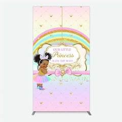 Aperturee - Aperturee Our Little Princess Baby Shower Rectangle Backdrop Rainbow and Gold Crowns Pink Background African American Girl