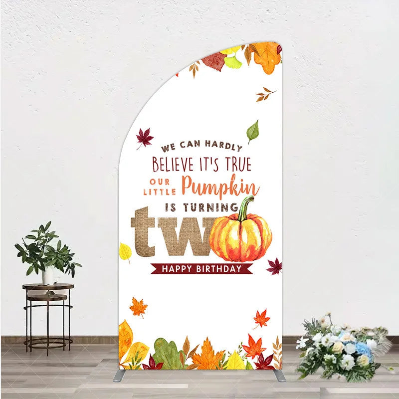 Aperturee - Aperturee Our Little Pumpkin is Turning Two Half Moon Arch Backdrop Fall Autumn Leaves 2nd Birthday Rustic Party Photo Booth