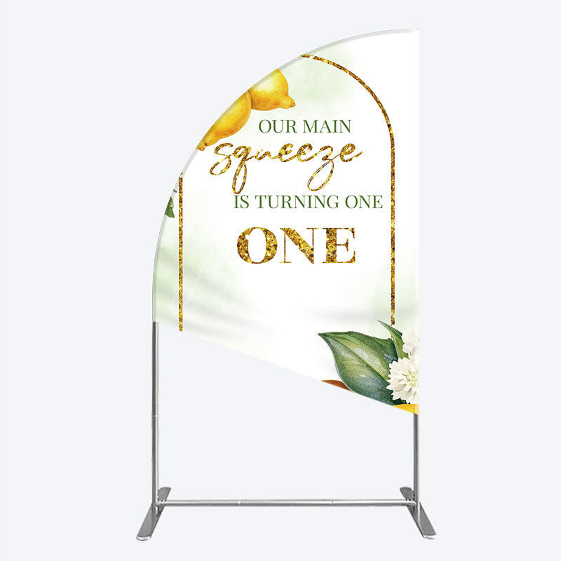 Aperturee - Aperturee Our Main Squeeze is Turning One Half Moon Arch Backdrop Lemon Themed First Birthday Summer Citrus Party Photo Prop