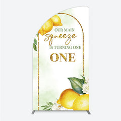 Aperturee - Aperturee Our Main Squeeze is Turning One Half Moon Arch Backdrop Lemon Themed First Birthday Summer Citrus Party Photo Prop