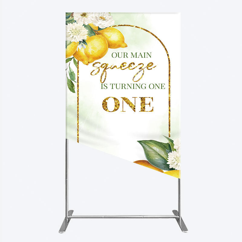 Aperturee - Aperturee Our Main Squeeze is Turning One Rectangle Backdrop Lemon Themed First Birthday Summer Citrus Party Photo Prop
