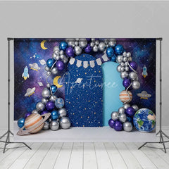 Aperturee - Aperturee Outer Space Galaxy and Planets Backdrop Silver and Purple Balloon Arch Astronaut Theme for Boy Birthday