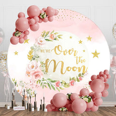 Aperturee - Aperturee Over The Moon Pink Gold Stars Floral Round Backdrop