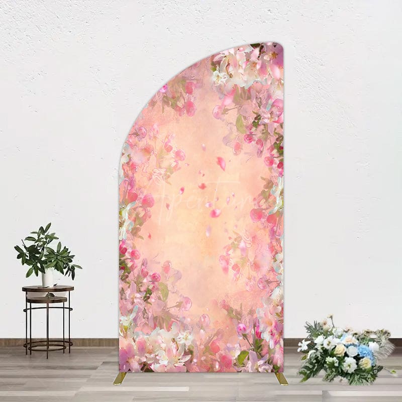Aperturee - Aperturee Painted Pink Floral Leaves Birthday Half Moon Arch Backdrop
