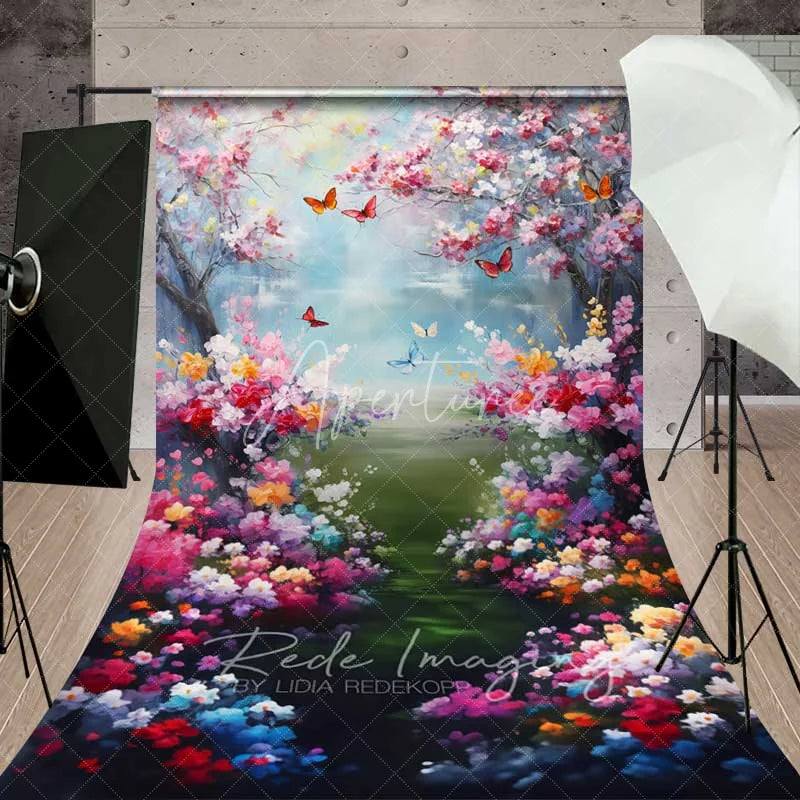 Aperturee - Aperturee Painterly Spring Cherry Blossom Backdrop Vibrant Colorful Flowers Butterflies Lake Photography Background