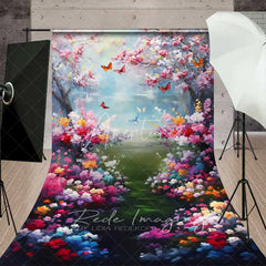 Aperturee - Aperturee Painterly Spring Cherry Blossom Backdrop Vibrant Colorful Flowers Butterflies Lake Photography Background