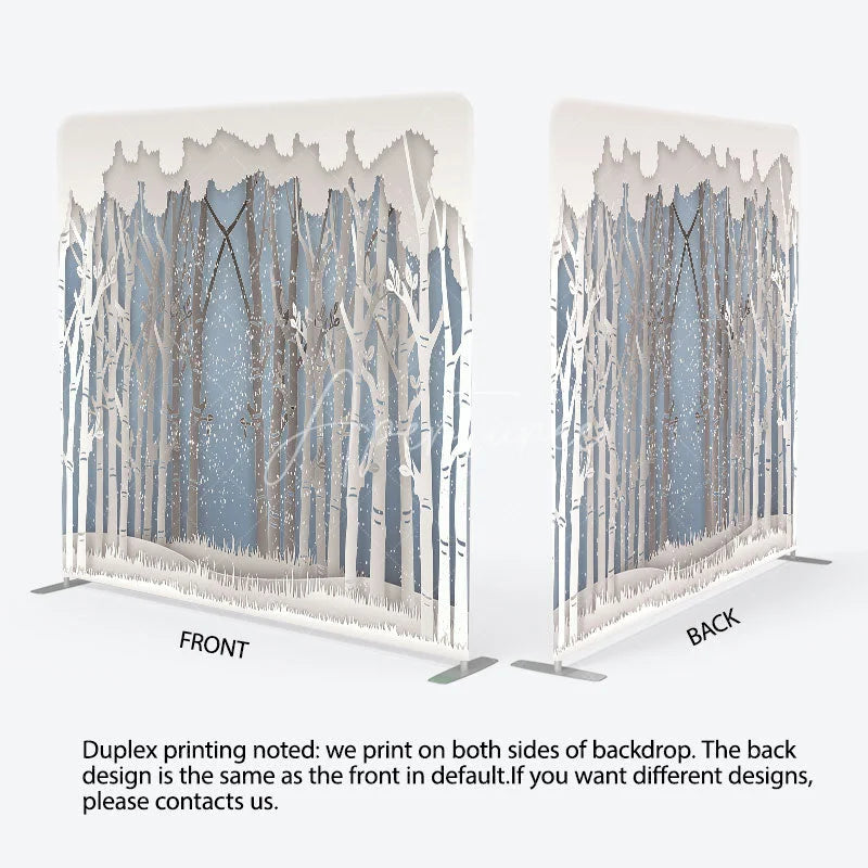Aperturee - Aperturee Paper Cut Winter Forest Double-Sided Tension Fabric Backdrop Birch Trees in Snow Holiday Party Photo Booth