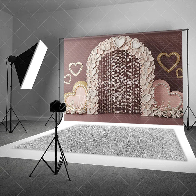 Aperturee - Aperturee Paper Heart Arch Valentine Day Backdrop Hanging Hearts Beads Pink Background Romantic Wedding Photography Decor