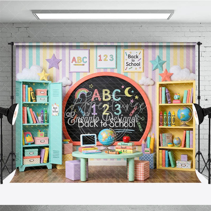 Aperturee - Aperturee Pastel Back to School Classroom Photography Backdrop with Chalkboard Books Crayons for Kids’ Learning Theme