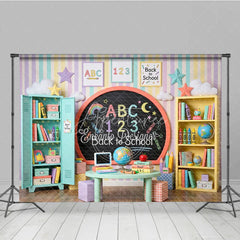 Aperturee - Aperturee Pastel Back to School Classroom Photography Backdrop with Chalkboard Books Crayons for Kids’ Learning Theme