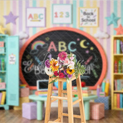 Aperturee - Aperturee Pastel Back to School Classroom Photography Backdrop with Chalkboard Books Crayons for Kids’ Learning Theme