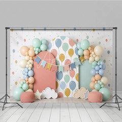 Aperturee - Aperturee Pastel Balloon and Bunting Banner Photography Backdrop Arched Panels for Baby Shower or Birthday Party Decor