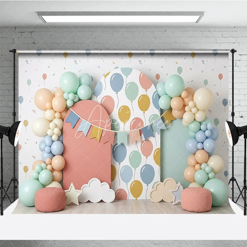 Aperturee - Aperturee Pastel Balloon and Bunting Banner Photography Backdrop Arched Panels for Baby Shower or Birthday Party Decor