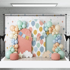 Aperturee - Aperturee Pastel Balloon and Bunting Banner Photography Backdrop Arched Panels for Baby Shower or Birthday Party Decor