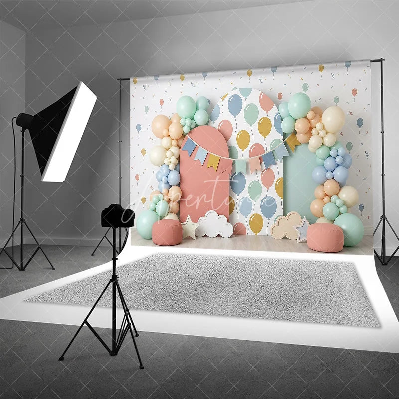 Aperturee - Aperturee Pastel Balloon and Bunting Banner Photography Backdrop Arched Panels for Baby Shower or Birthday Party Decor