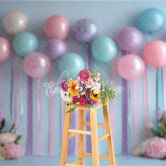 Aperturee - Aperturee Pastel Balloon and Streamer Photography Backdrop Pink Blue and Purple for Wedding or Birthday Party Photo Booth