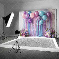 Aperturee - Aperturee Pastel Balloon and Streamer Photography Backdrop Purple Pink and Blue for Wedding or Birthday Party Photo Booth