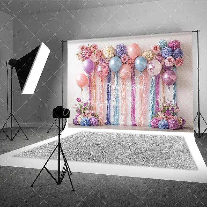 Aperturee - Aperturee Pastel Balloons and Floral Backdrop Pink Purple Blue Flower Wall Banner Birthday Party Bridal Shower Photo Booth