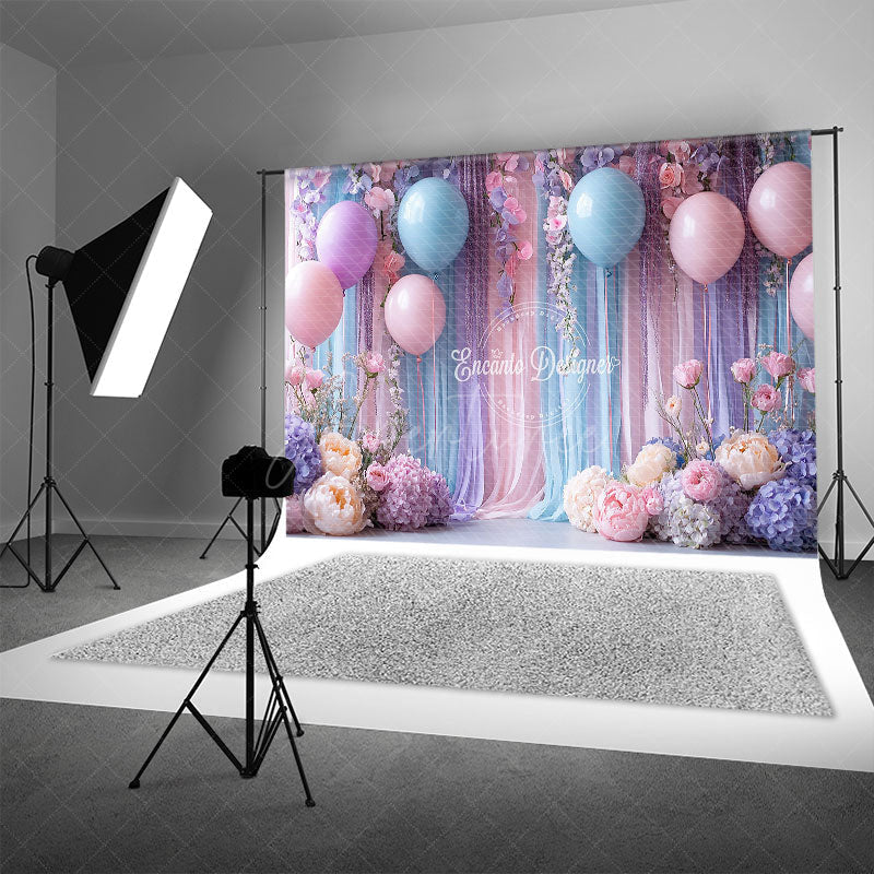 Aperturee - Aperturee Pastel Balloons and Floral Photography Backdrop Pink and Blue Party Decor Wedding or Baby Shower Background