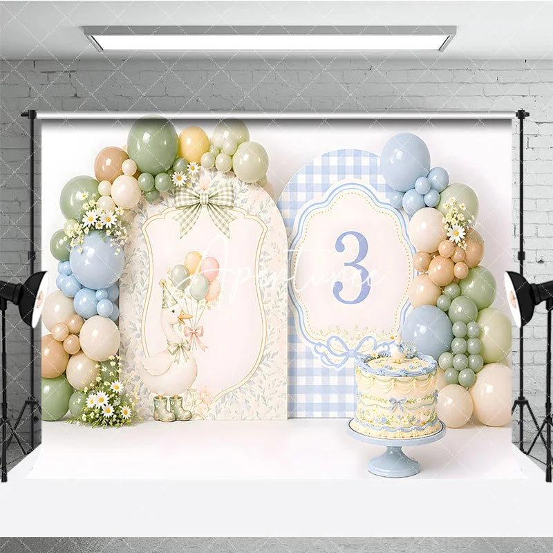 Aperturee - Aperturee Pastel Blue Green Beige Goose and Number 3 Photography Backdrop Whimsical Third Birthday Party Decor