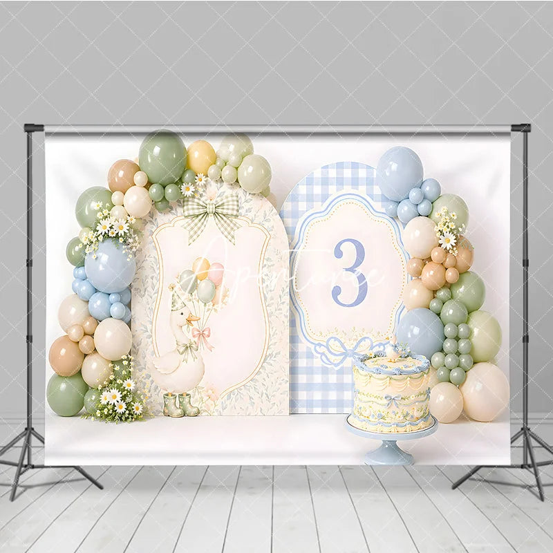 Aperturee - Aperturee Pastel Blue Green Beige Goose and Number 3 Photography Backdrop Whimsical Third Birthday Party Decor