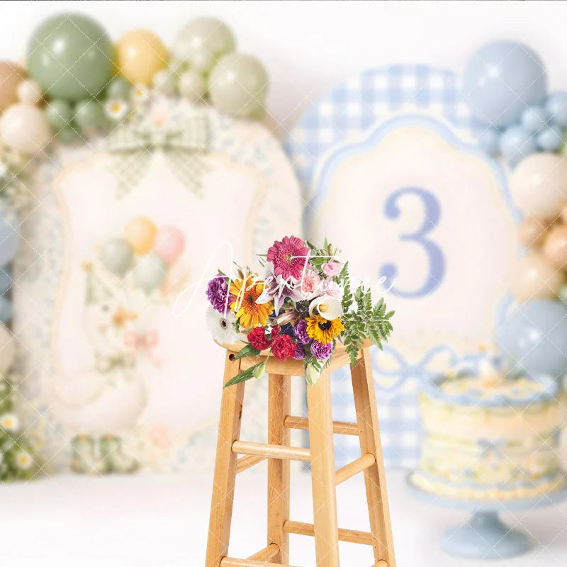 Aperturee - Aperturee Pastel Blue Green Beige Goose and Number 3 Photography Backdrop Whimsical Third Birthday Party Decor