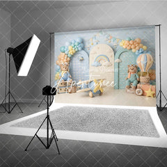 Aperturee - Aperturee Pastel Blue Hot Air Balloon and Airplane Photography Backdrop with Teddy Bear Rainbow and Clouds for Birthday