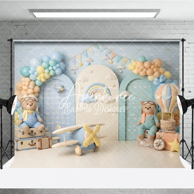 Aperturee - Aperturee Pastel Blue Hot Air Balloon and Airplane Photography Backdrop with Teddy Bear Rainbow and Clouds for Birthday