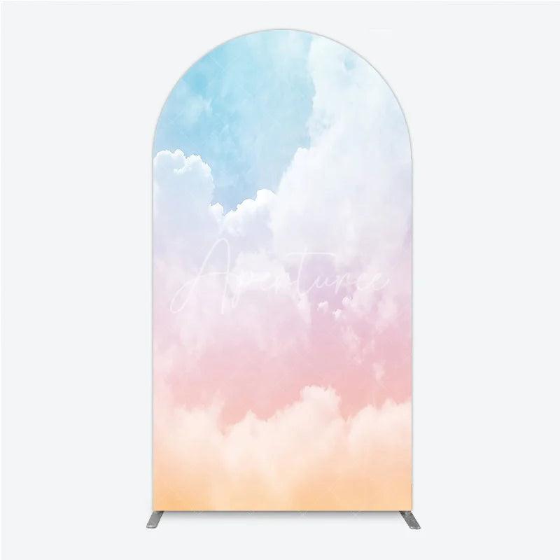Aperturee - Aperturee Pastel Blue Pink Orange Cloud Gradient Round Top Arch Backdrop Dreamy Baby Shower Birthday Party Decor