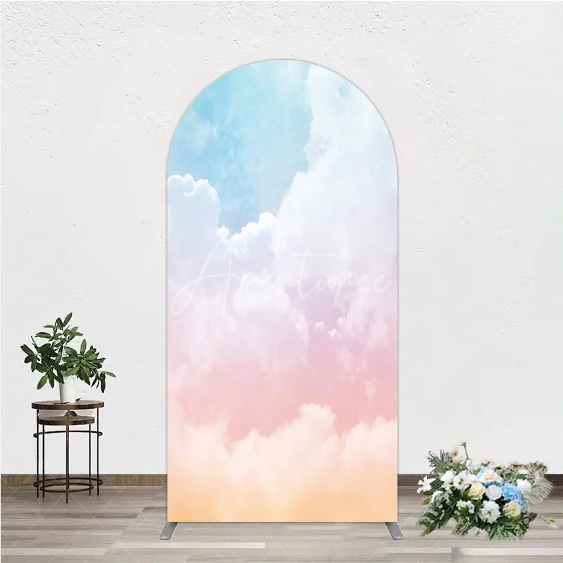 Aperturee - Aperturee Pastel Blue Pink Orange Cloud Gradient Round Top Arch Backdrop Dreamy Baby Shower Birthday Party Decor