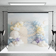 Aperturee - Aperturee Pastel Blue Sky Hot Air Balloon Photography Backdrop Dreamy Clouds Stars Moon Baby Shower Birthday Party Decor