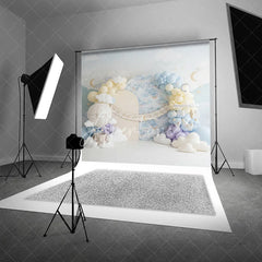 Aperturee - Aperturee Pastel Blue Sky Hot Air Balloon Photography Backdrop Dreamy Clouds Stars Moon Baby Shower Birthday Party Decor
