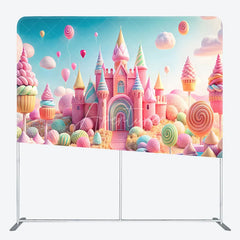 Aperturee - Aperturee Pastel Candyland Castle Tension Fabric Backdrop Sweet Shoppe with Lollipops Cupcakes Princess Birthday Party Photo