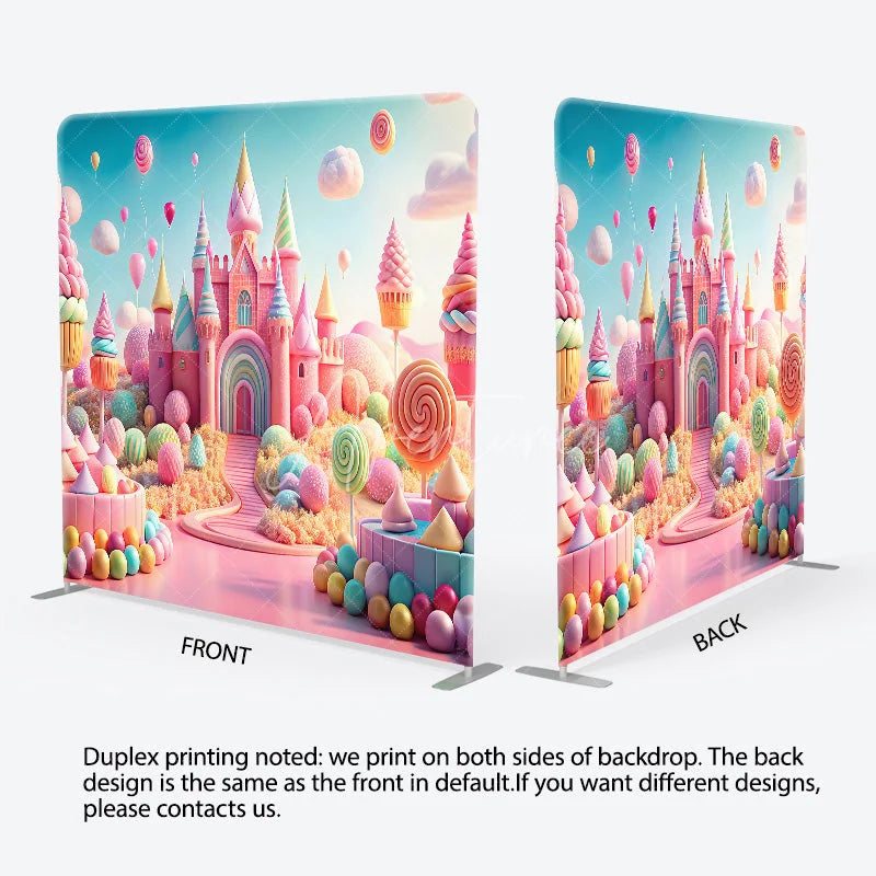 Aperturee - Aperturee Pastel Candyland Castle Tension Fabric Backdrop Sweet Shoppe with Lollipops Cupcakes Princess Birthday Party Photo