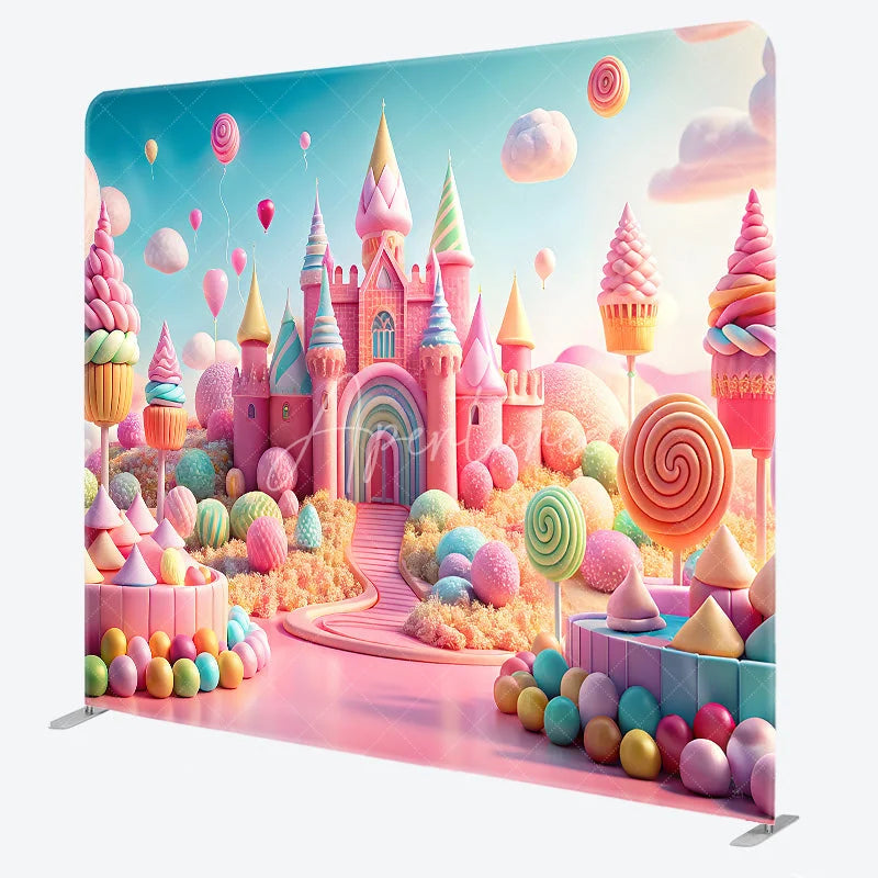 Aperturee - Aperturee Pastel Candyland Castle Tension Fabric Backdrop Sweet Shoppe with Lollipops Cupcakes Princess Birthday Party Photo