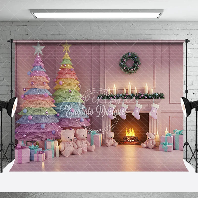 Aperturee - Aperturee Pastel Christmas Photography Backdrop with Rainbow Trees Pink Fireplace and Teddy Bears Whimsical Holiday Decor