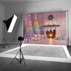 Aperturee - Aperturee Pastel Christmas Photography Backdrop with Rainbow Trees Pink Fireplace and Teddy Bears Whimsical Holiday Decor