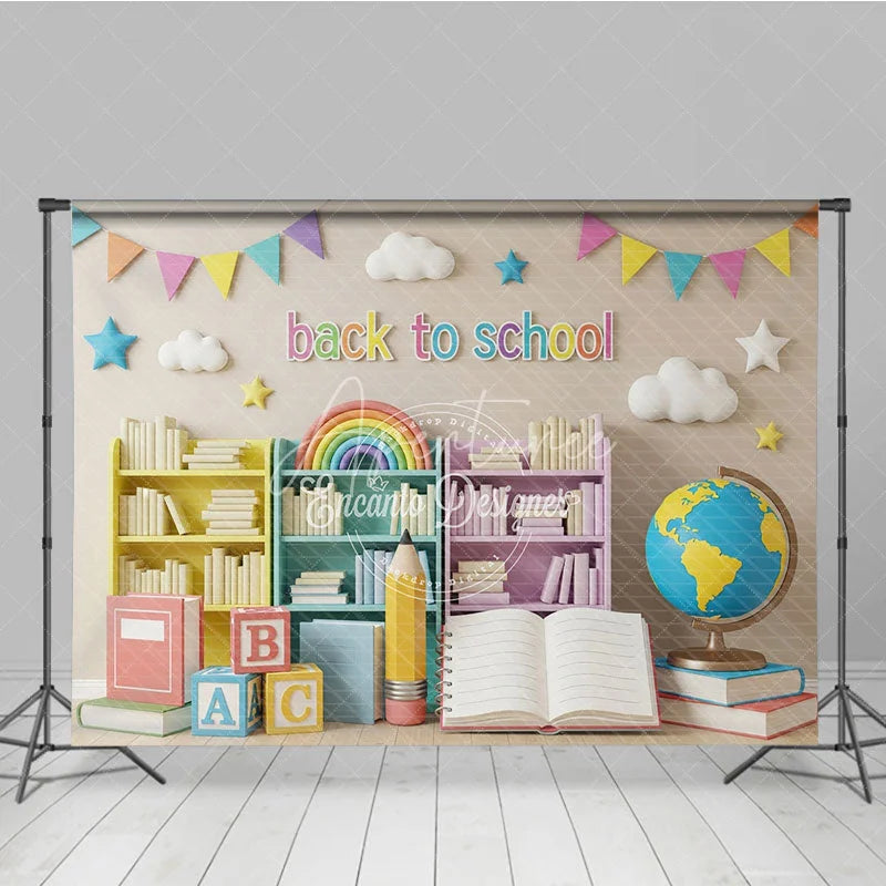 Aperturee - Aperturee Pastel Classroom Back To School Backdrop Bookshelves Globe Open Book Background Kindergarten Photography Prop