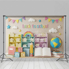 Aperturee - Aperturee Pastel Classroom Back To School Backdrop Bookshelves Globe Open Book Background Kindergarten Photography Prop