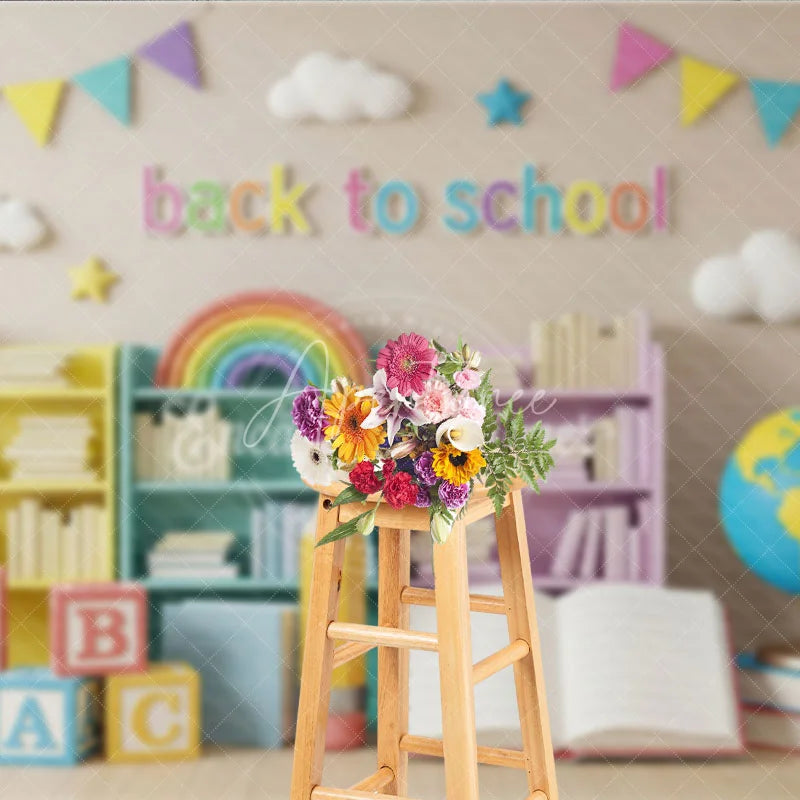 Aperturee - Aperturee Pastel Classroom Back To School Backdrop Bookshelves Globe Open Book Background Kindergarten Photography Prop