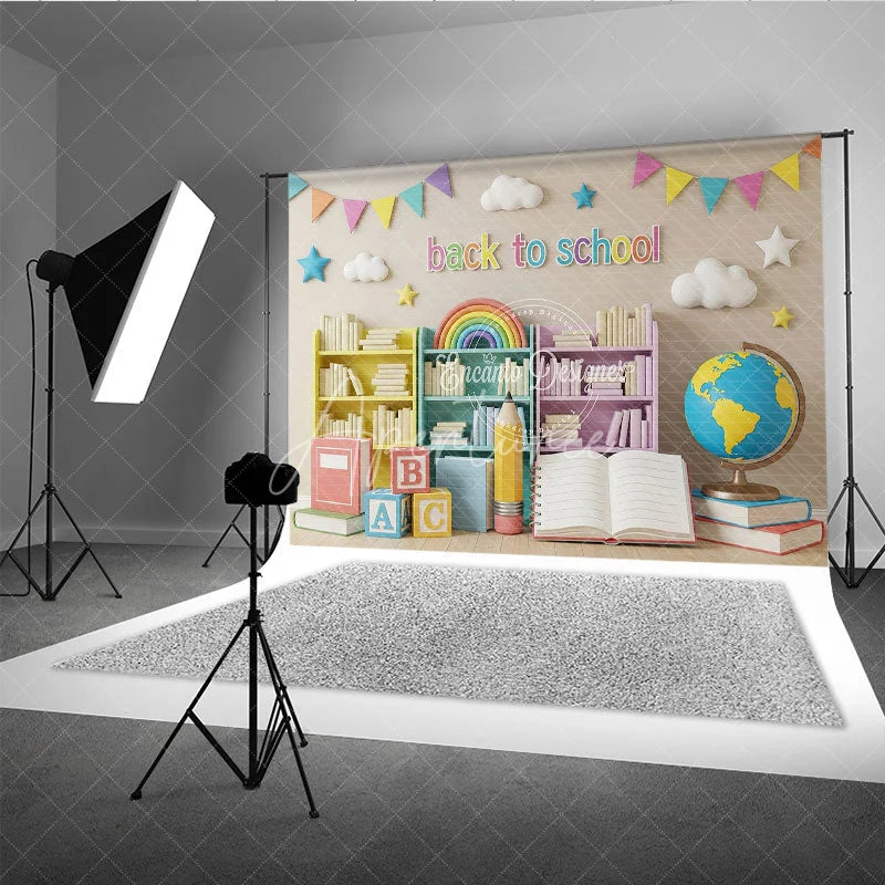Aperturee - Aperturee Pastel Classroom Back To School Backdrop Bookshelves Globe Open Book Background Kindergarten Photography Prop